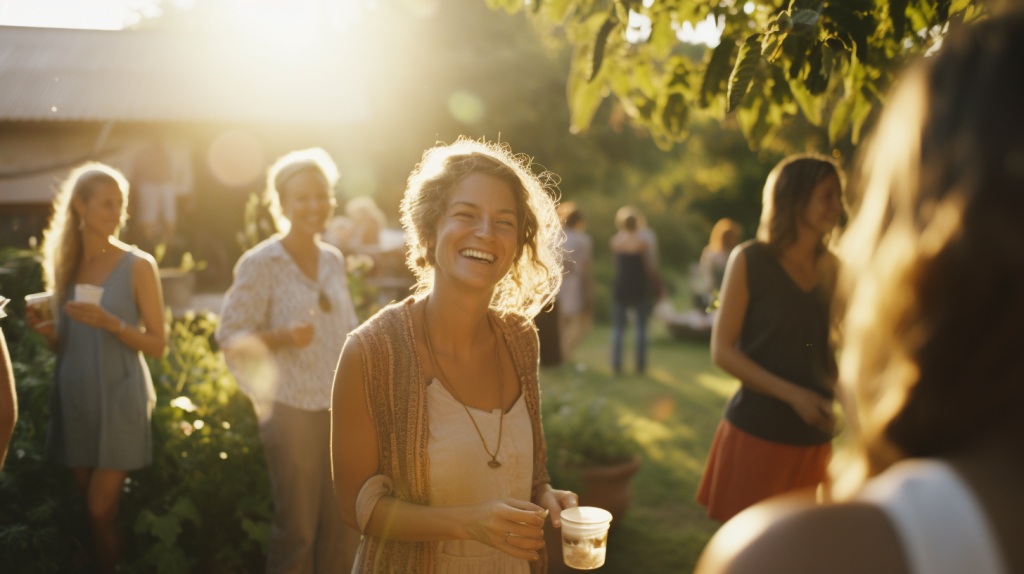 Uma mulher sorrindo. Grupos de mulheres. no Jardim. Projeto Social com Mulheres.