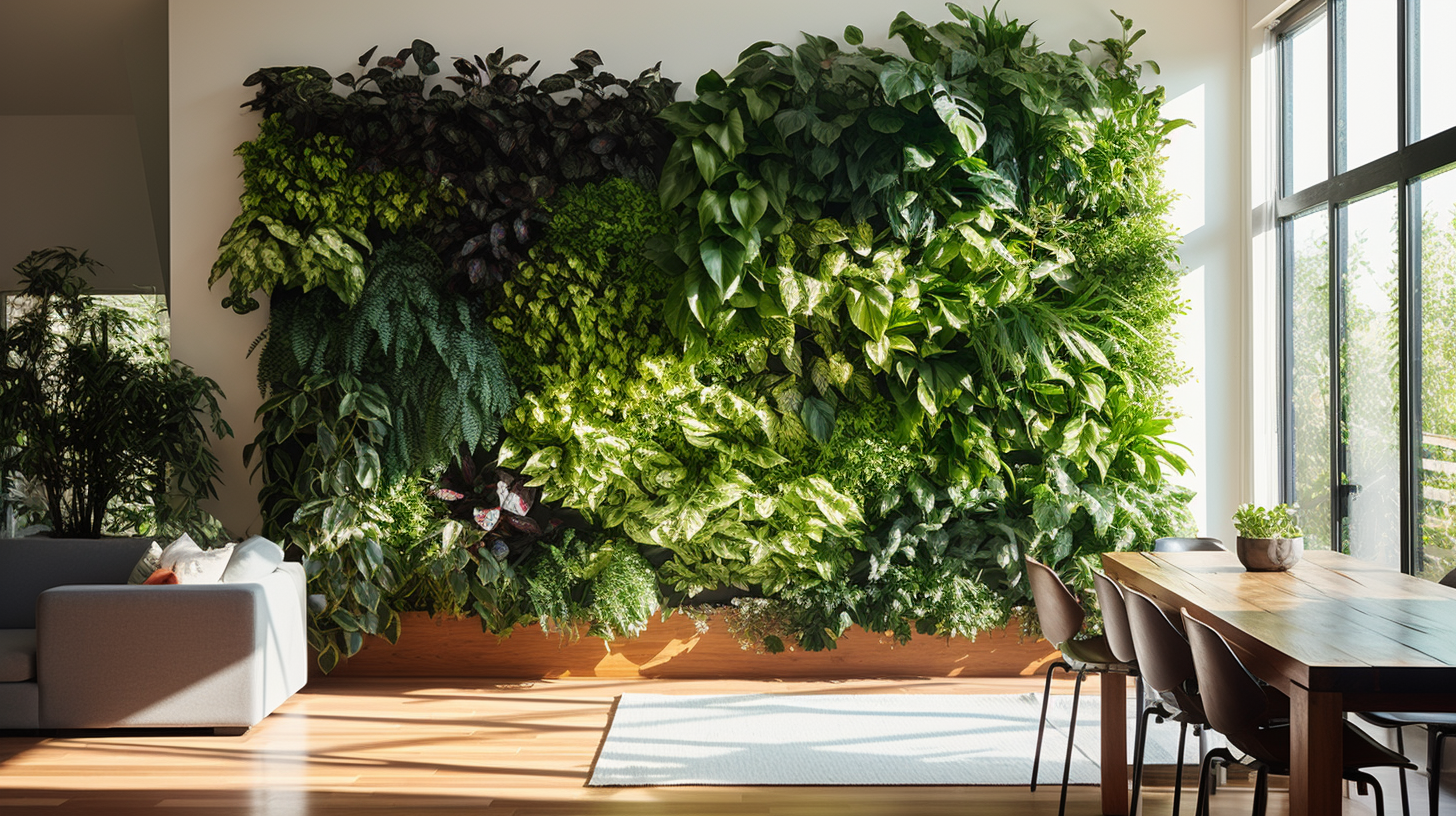 indoor vertical wall in an open concept living and dining room together. a vertical green wall with living plants (not plastic ones) in a modern living room. Photorealistic, sunlight and shadows, shot on a Fuji Provia 100F film. wide shot, --ar 16:9
