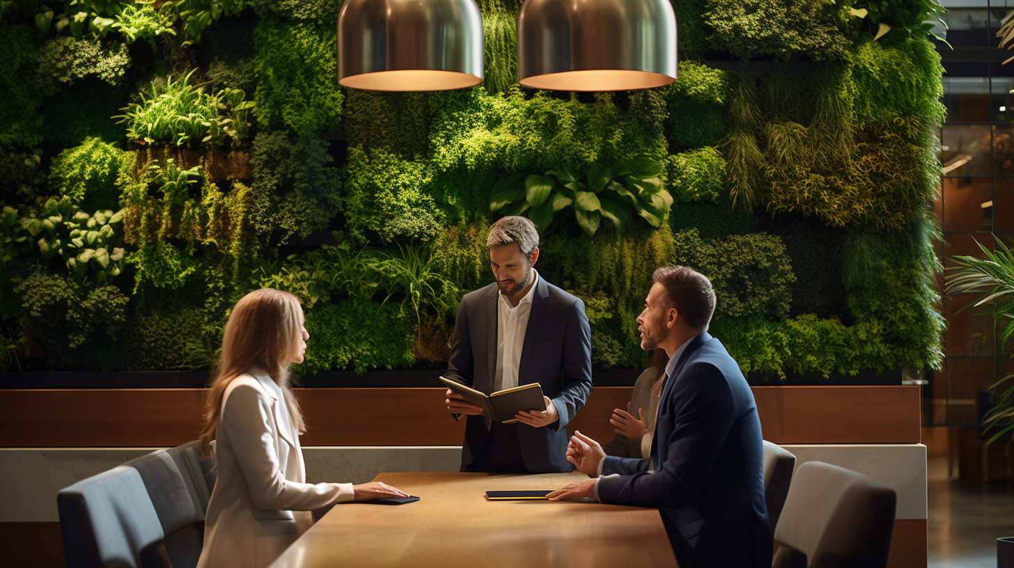 Three people talking around an office space that is biophilic